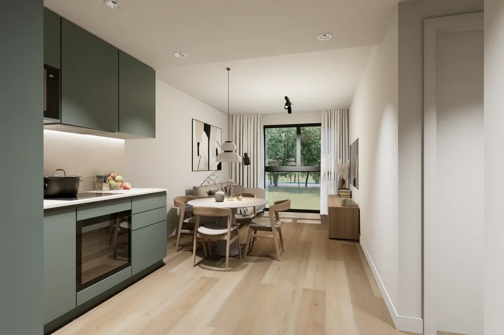 Cocina abierta al salón en una vivienda de La Noria Homes